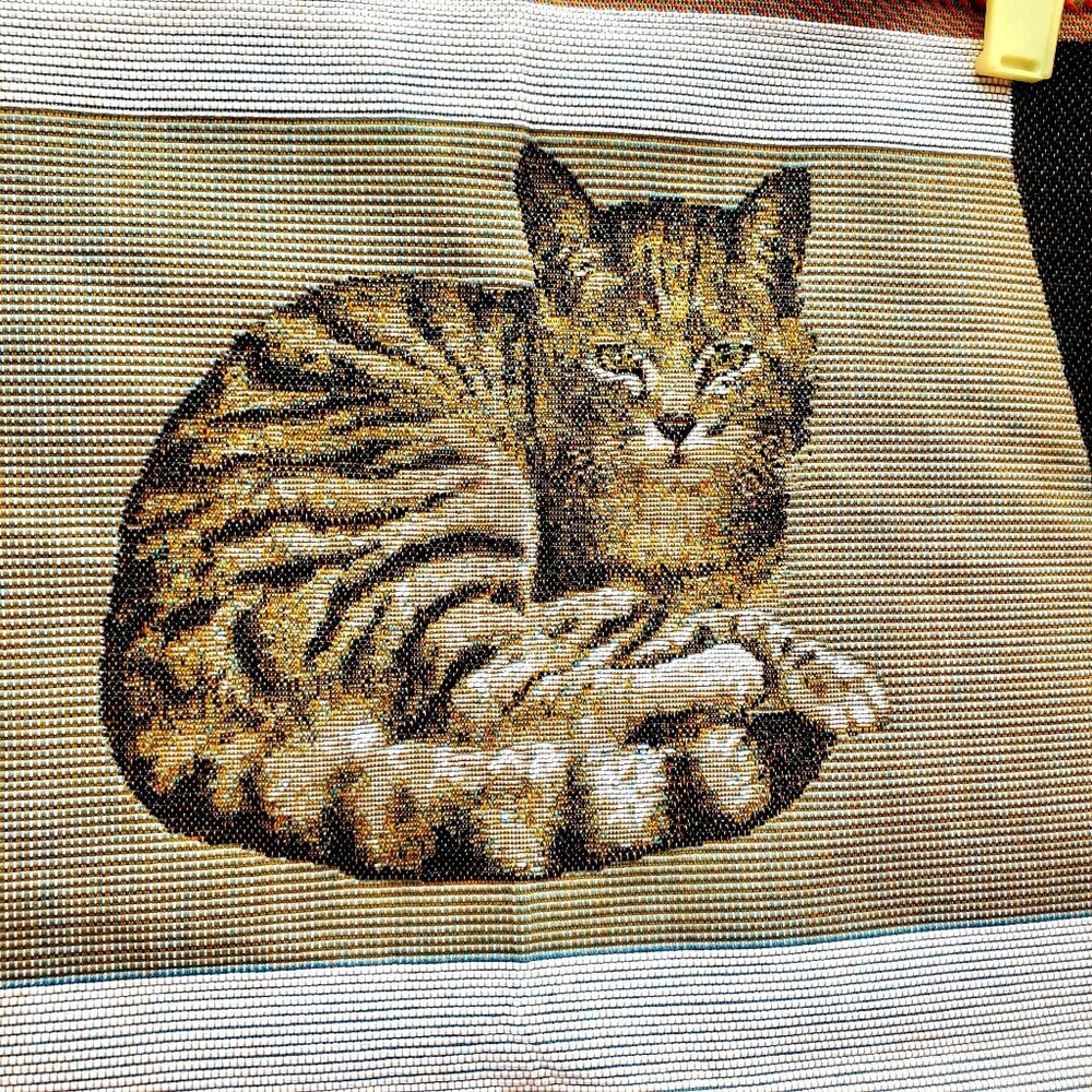 Vintage Art de Lys French Woven Cat Tapestry Pillow Panel Textile 15x20 Beige - Picture 2 of 13